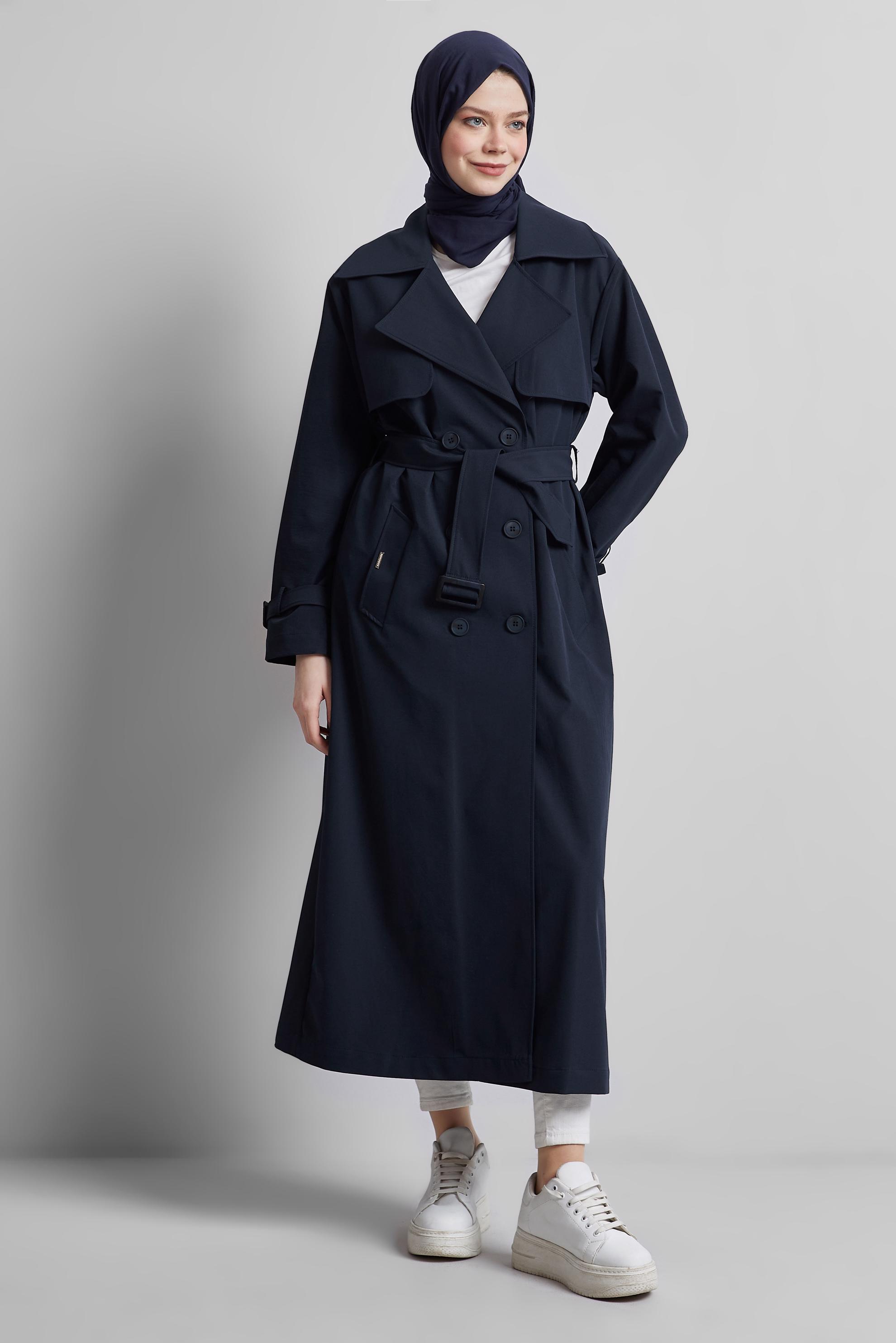 Tesettür giyim LACİVERT KUŞAKLI TRENÇKOT 10957
