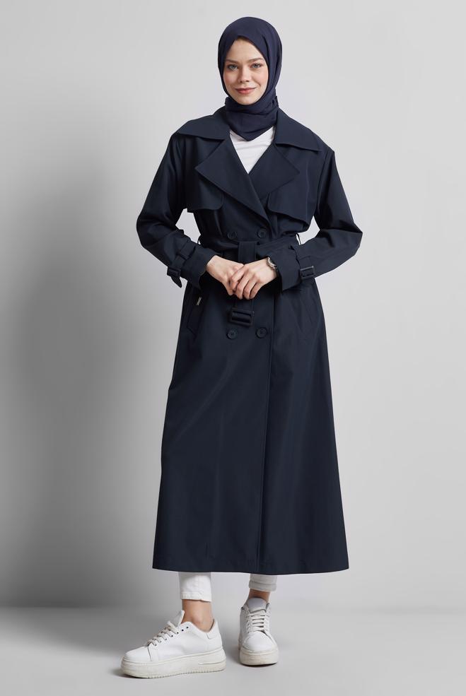 Vêtements hijab BLEU MARINE TRENCH-COAT CEINTURÉ 10957 - ALVİNA