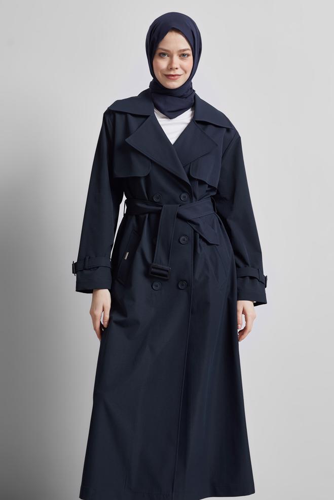 Vêtements hijab BLEU MARINE TRENCH-COAT CEINTURÉ 10957 - ALVİNA