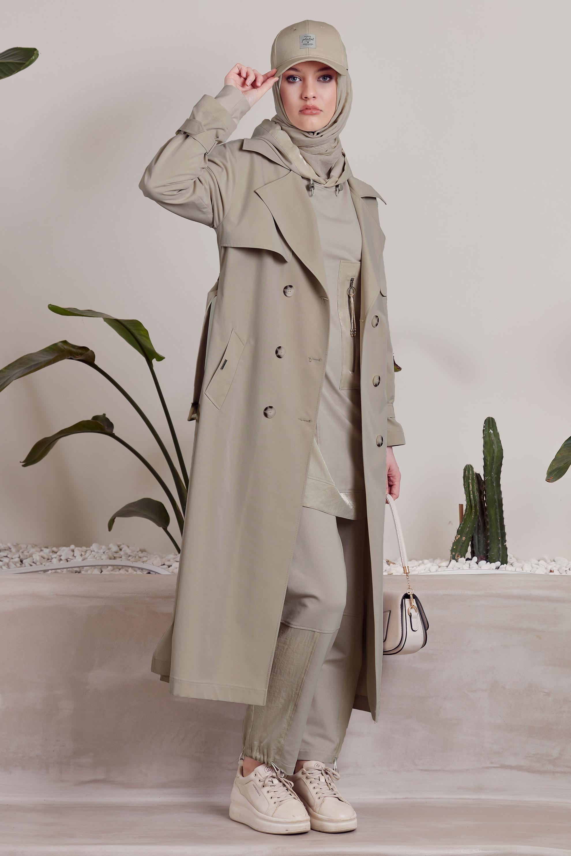 Tesettür giyim KUM KUŞAKLI TRENÇKOT 10957