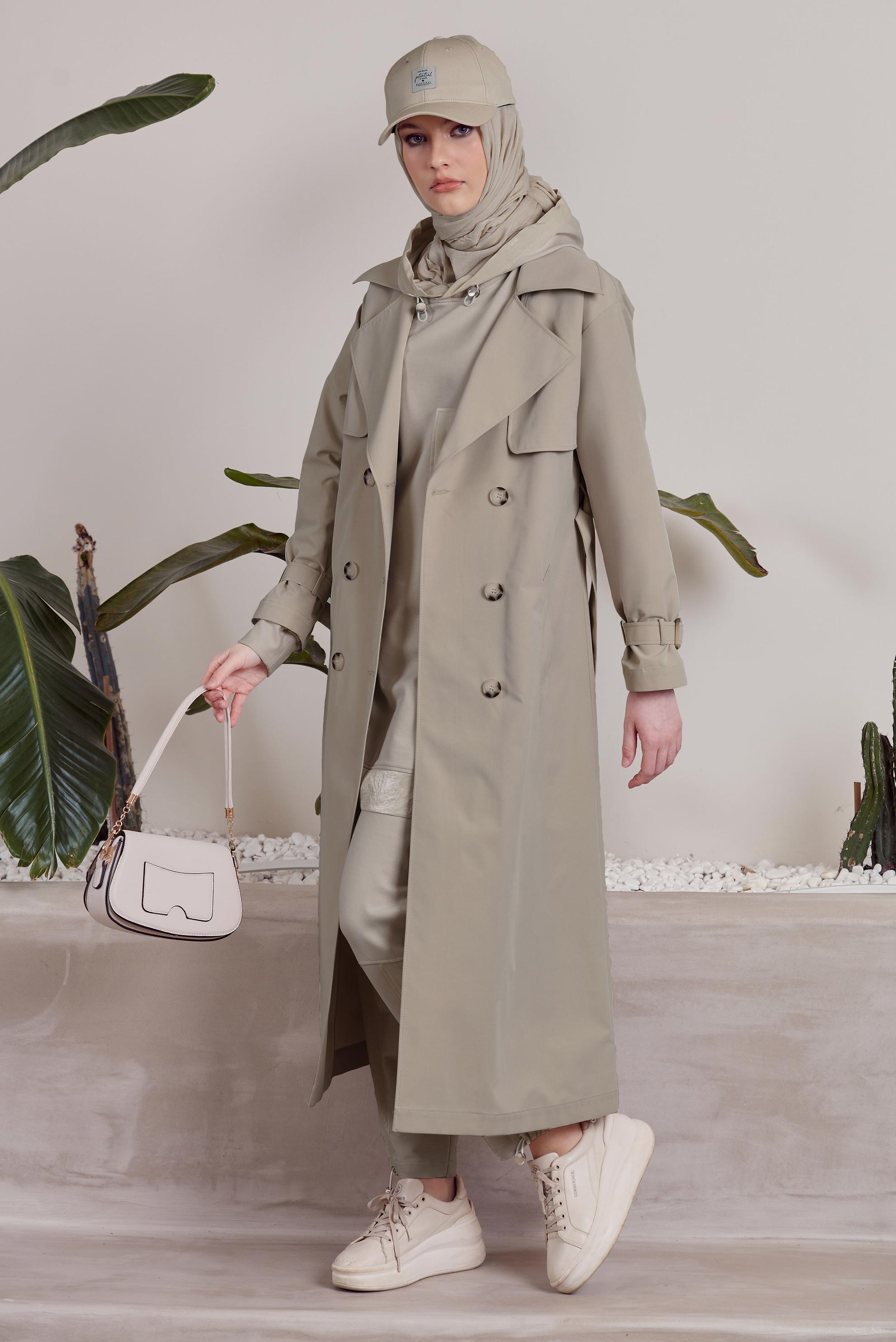 Tesettür giyim KUM KUŞAKLI TRENÇKOT 10957