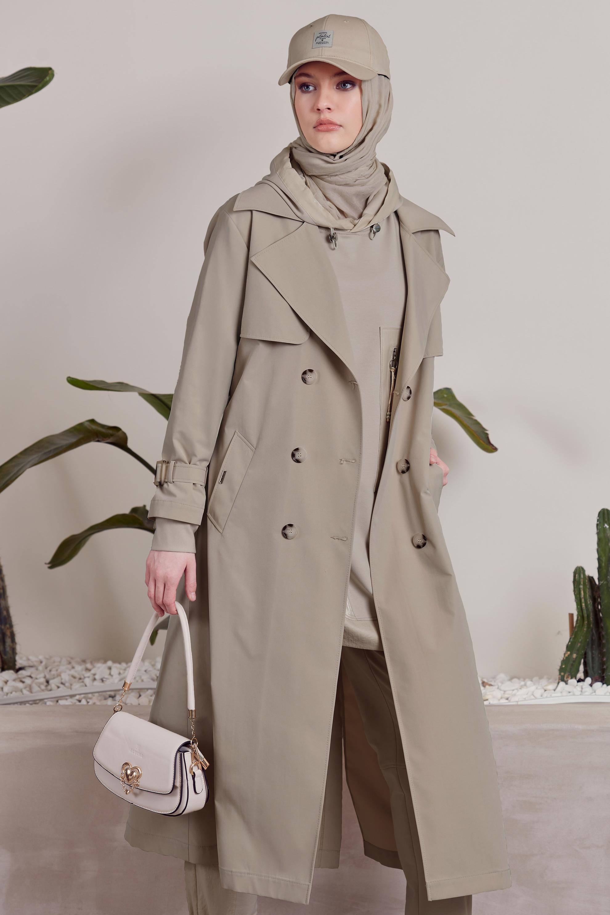 Tesettür giyim KUM KUŞAKLI TRENÇKOT 10957