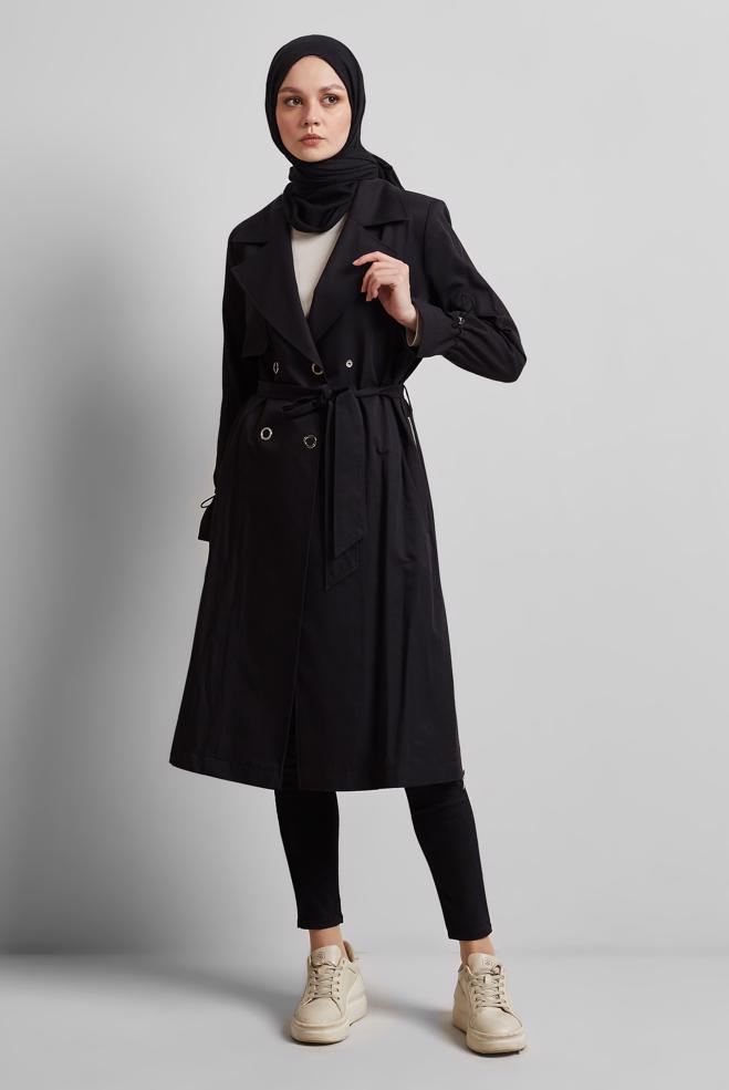 Vêtements hijab NOIR TRENCH-COAT CEINTURÉ 10958 - ALVİNA