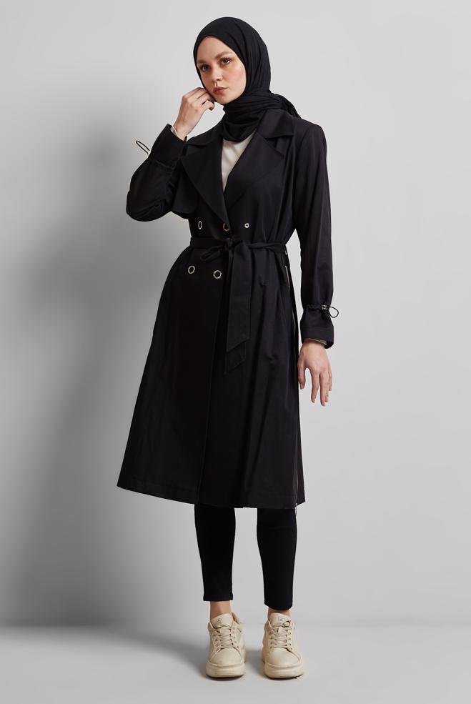 Vêtements hijab NOIR TRENCH-COAT CEINTURÉ 10958 - ALVİNA