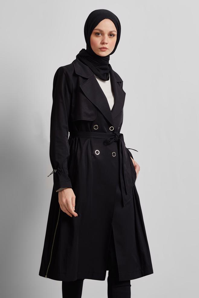Vêtements hijab NOIR TRENCH-COAT CEINTURÉ 10958 - ALVİNA