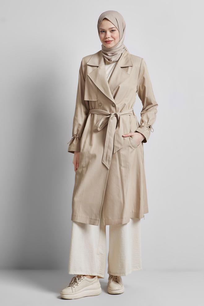 Vêtements hijab BEIGE TRENCH-COAT CEINTURÉ 10958 - ALVİNA
