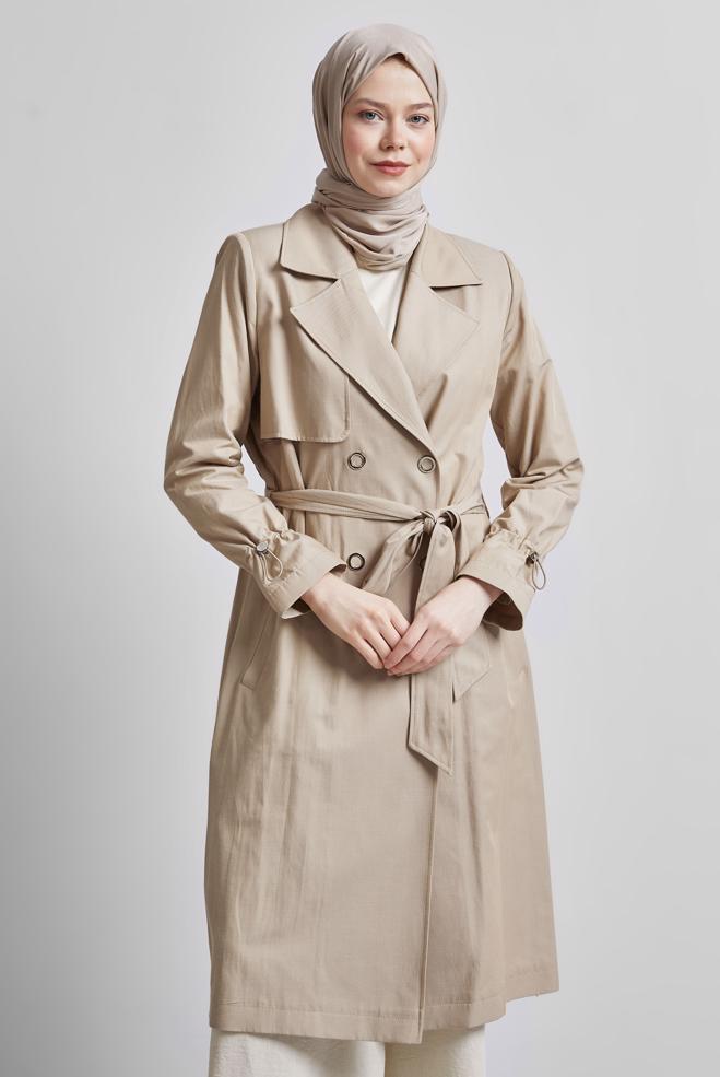 Vêtements hijab BEIGE TRENCH-COAT CEINTURÉ 10958 - ALVİNA
