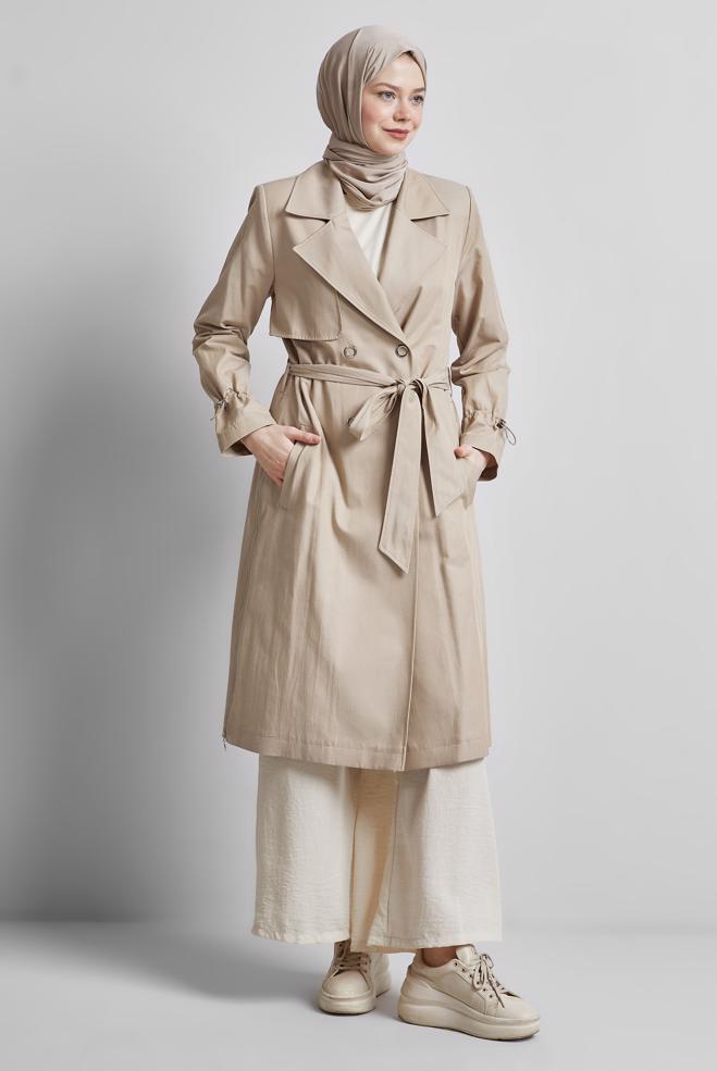 Vêtements hijab BEIGE TRENCH-COAT CEINTURÉ 10958 - ALVİNA