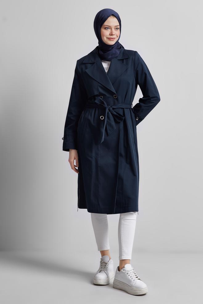 Vêtements hijab BLEU MARINE TRENCH-COAT CEINTURÉ 10958 - ALVİNA