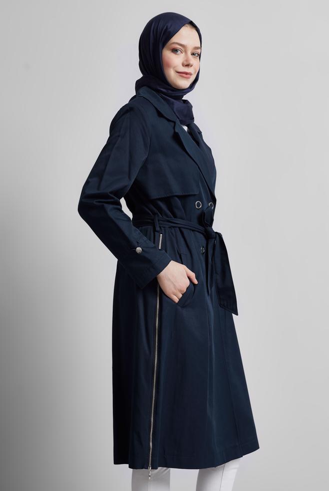 Vêtements hijab BLEU MARINE TRENCH-COAT CEINTURÉ 10958 - ALVİNA