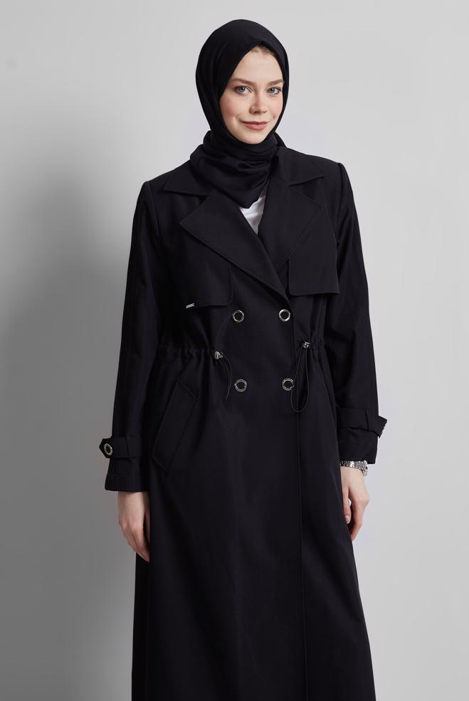 Vêtements hijab NOIR TRENCH-COAT À TAILLE SMOKING 10959 - ALVİNA