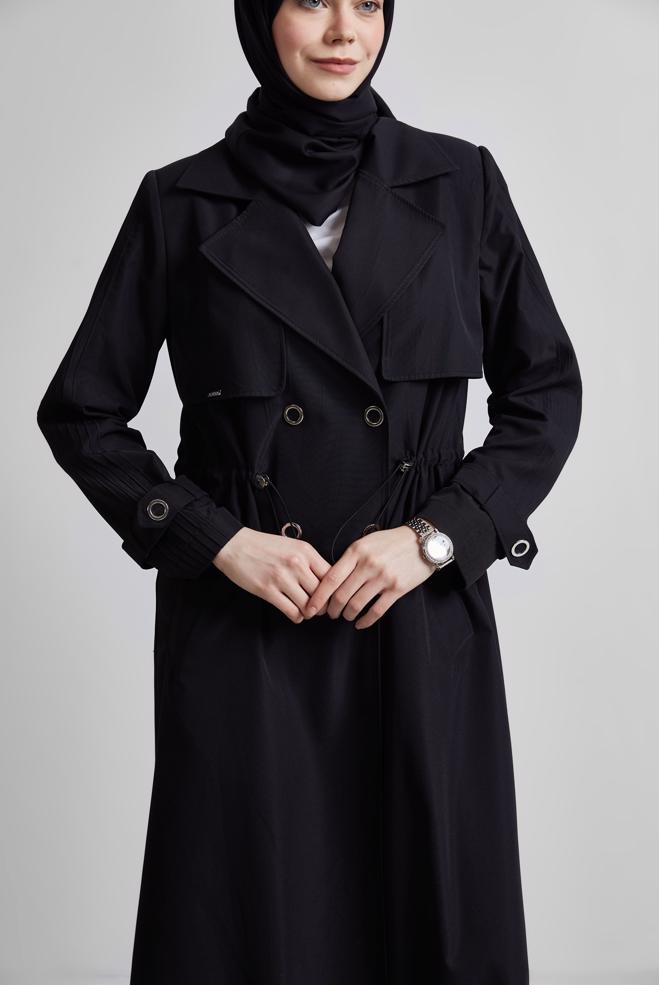Vêtements hijab NOIR TRENCH-COAT À TAILLE SMOKING 10959 - ALVİNA