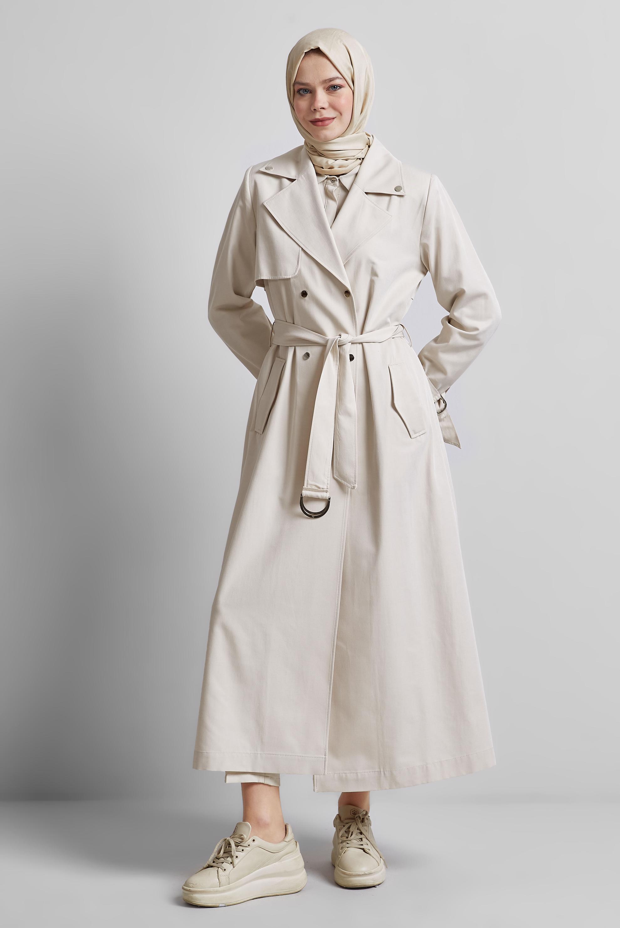 Tesettür giyim BEJ KUŞAKLI TRENÇKOT 10960