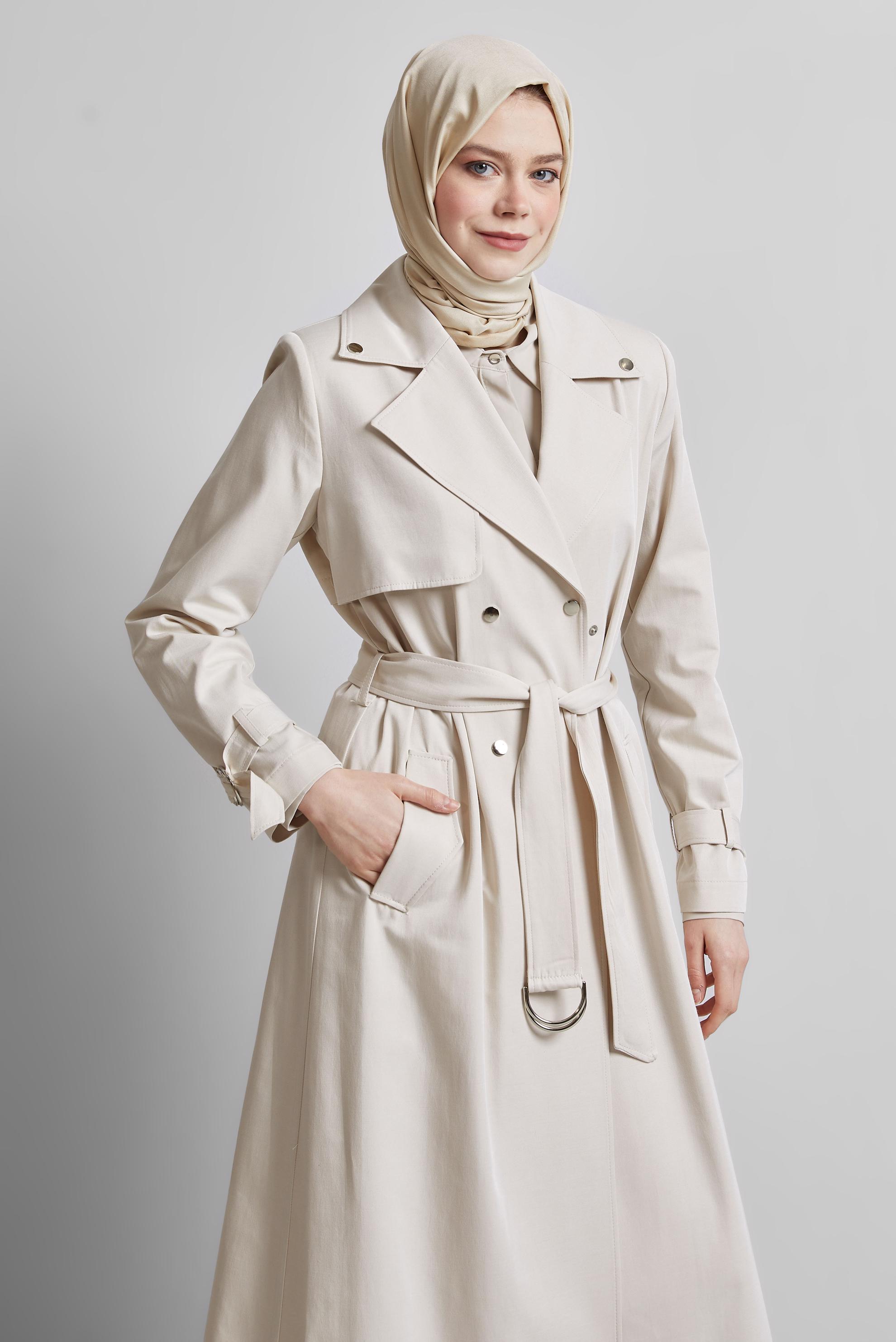 Tesettür giyim BEJ KUŞAKLI TRENÇKOT 10960