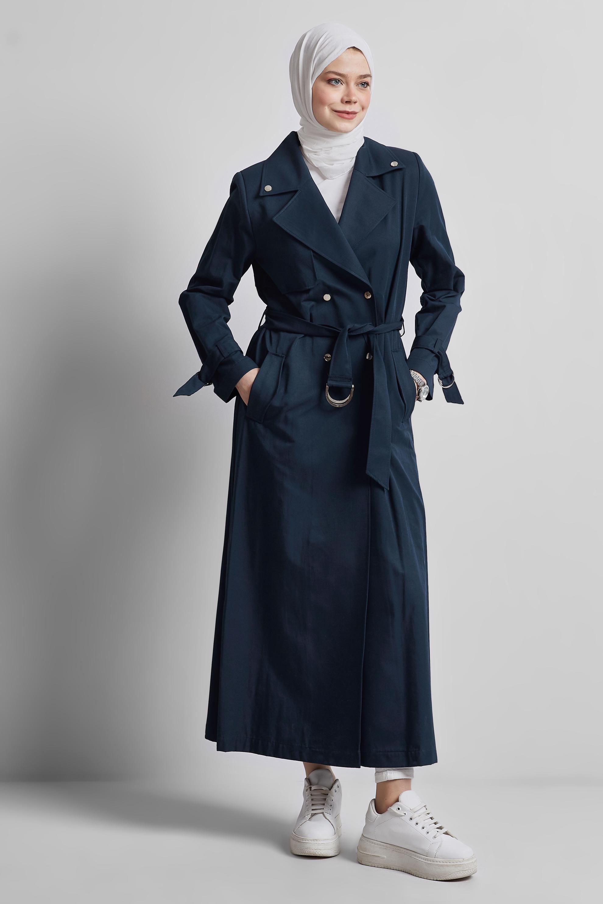 Tesettür giyim LACİVERT KUŞAKLI TRENÇKOT 10960