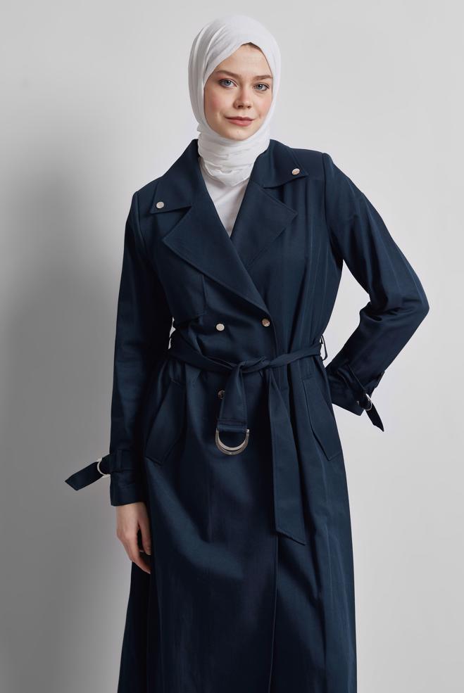 Hijab clothing NAVY BLUE BELTED TRENCH COAT 10960 - ALVİNA