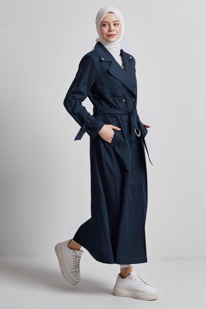 Hijab clothing NAVY BLUE BELTED TRENCH COAT 10960 - ALVİNA