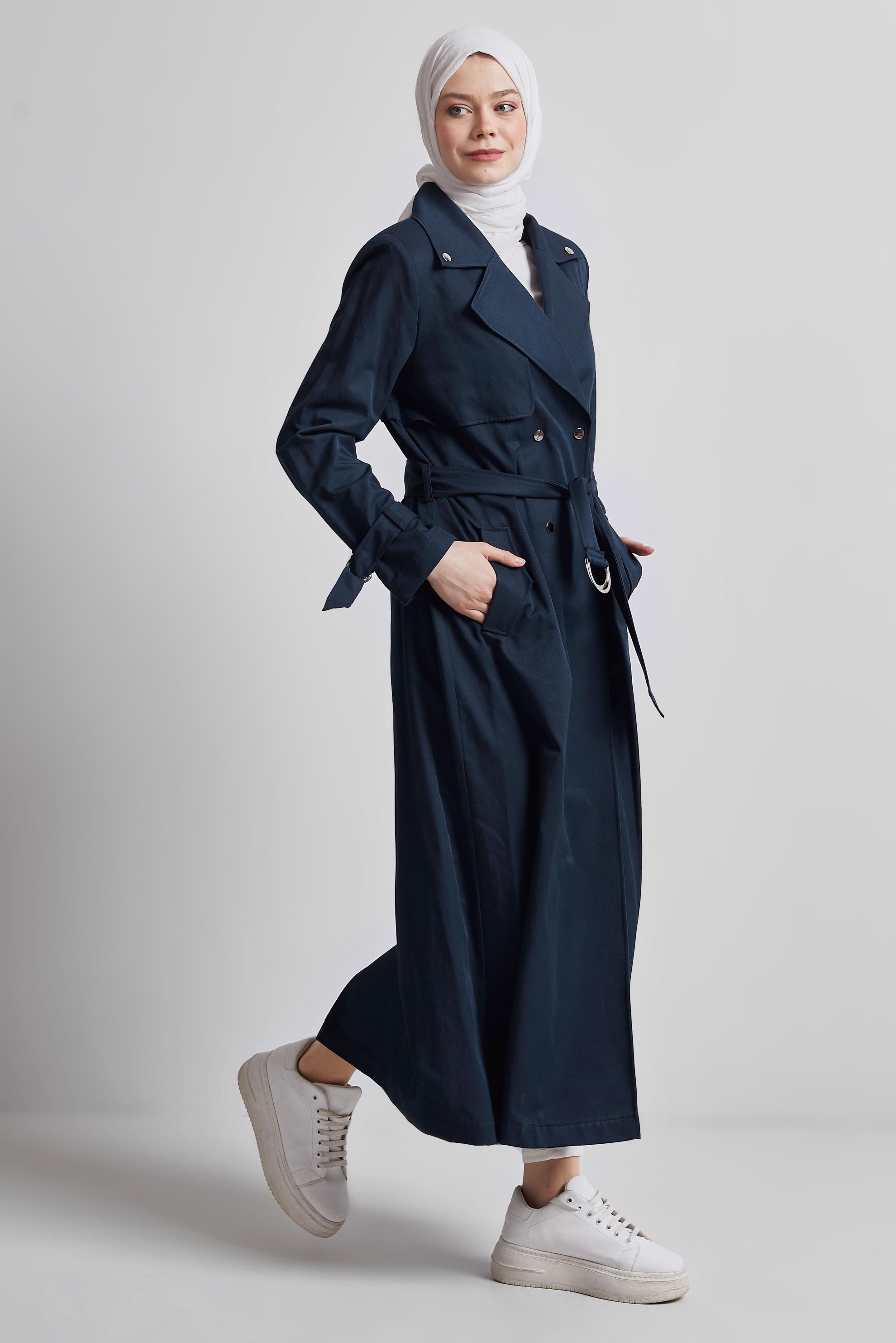 Tesettür giyim LACİVERT KUŞAKLI TRENÇKOT 10960