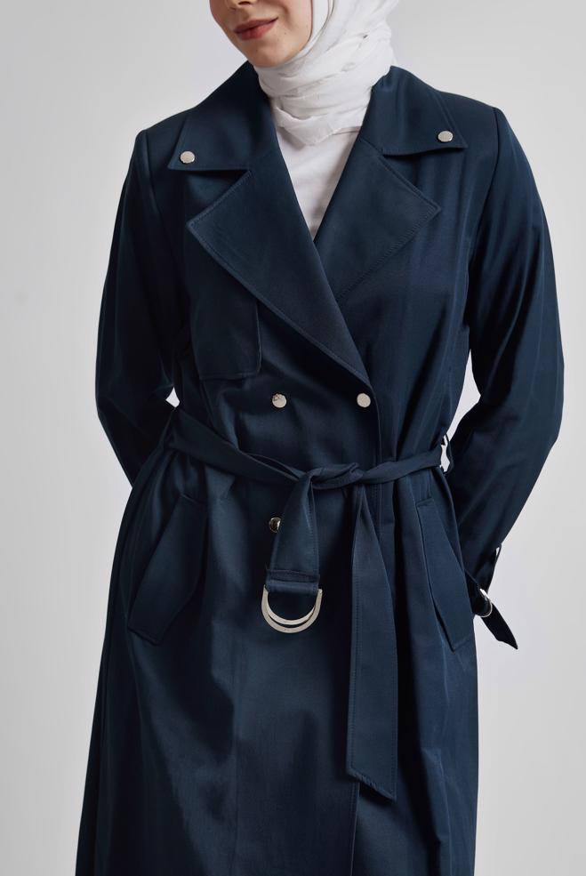 Hijab clothing NAVY BLUE BELTED TRENCH COAT 10960 - ALVİNA
