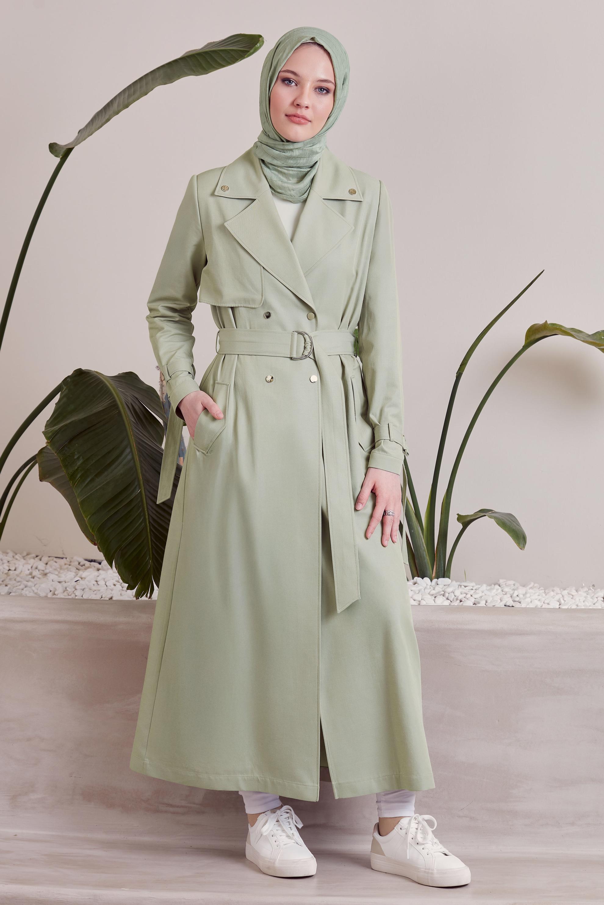 Vêtements hijab VERT TRENCH-COAT CEINTURÉ 10960