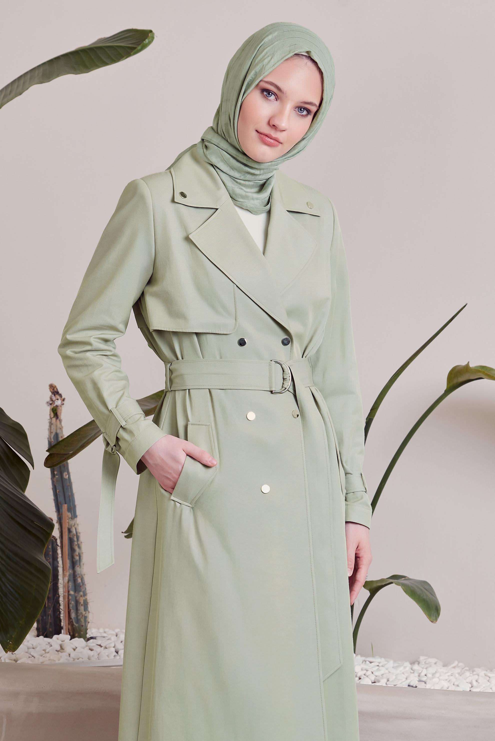 Vêtements hijab VERT TRENCH-COAT CEINTURÉ 10960