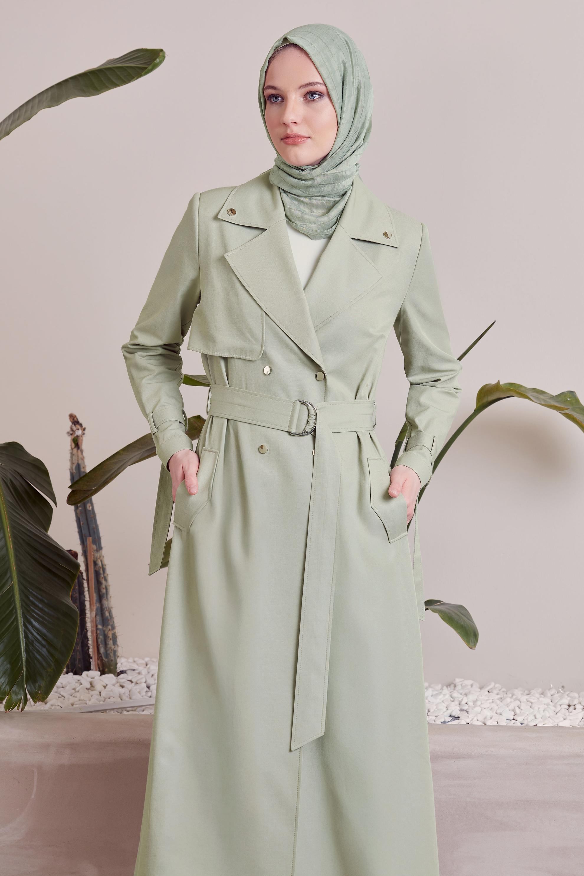 Vêtements hijab VERT TRENCH-COAT CEINTURÉ 10960