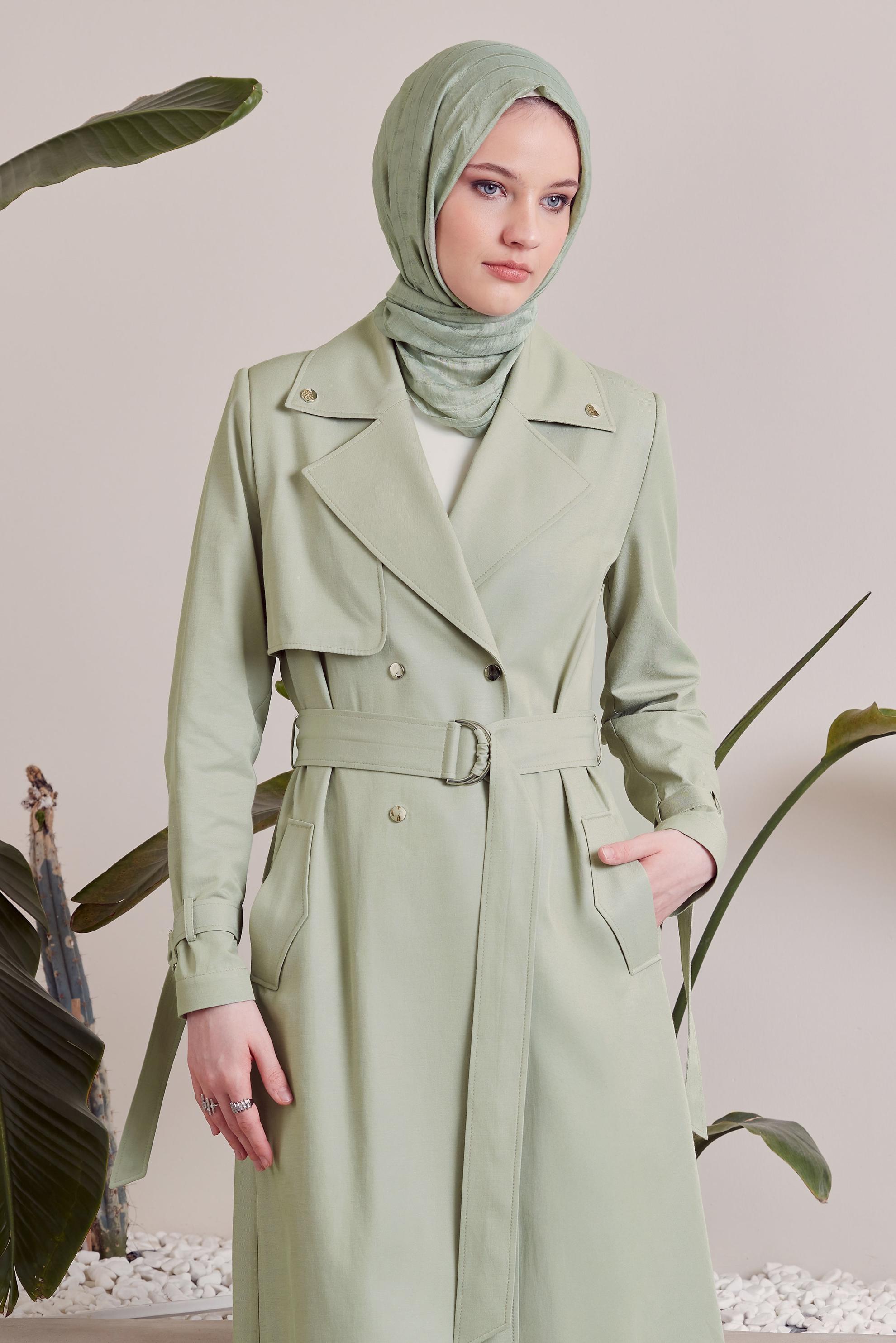 Vêtements hijab VERT TRENCH-COAT CEINTURÉ 10960