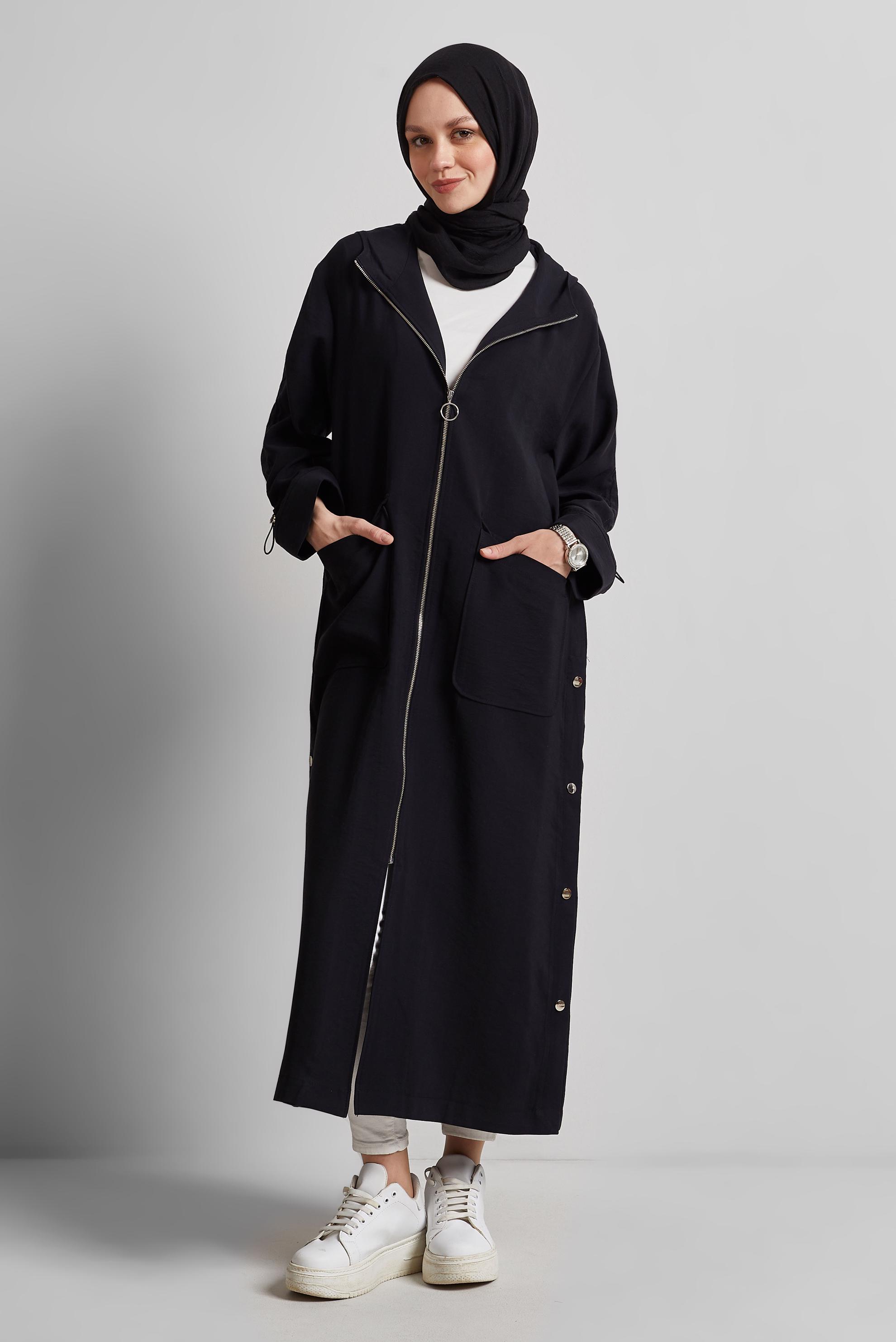Hijab clothing BLACK HOODED TRENCH COAT 10961