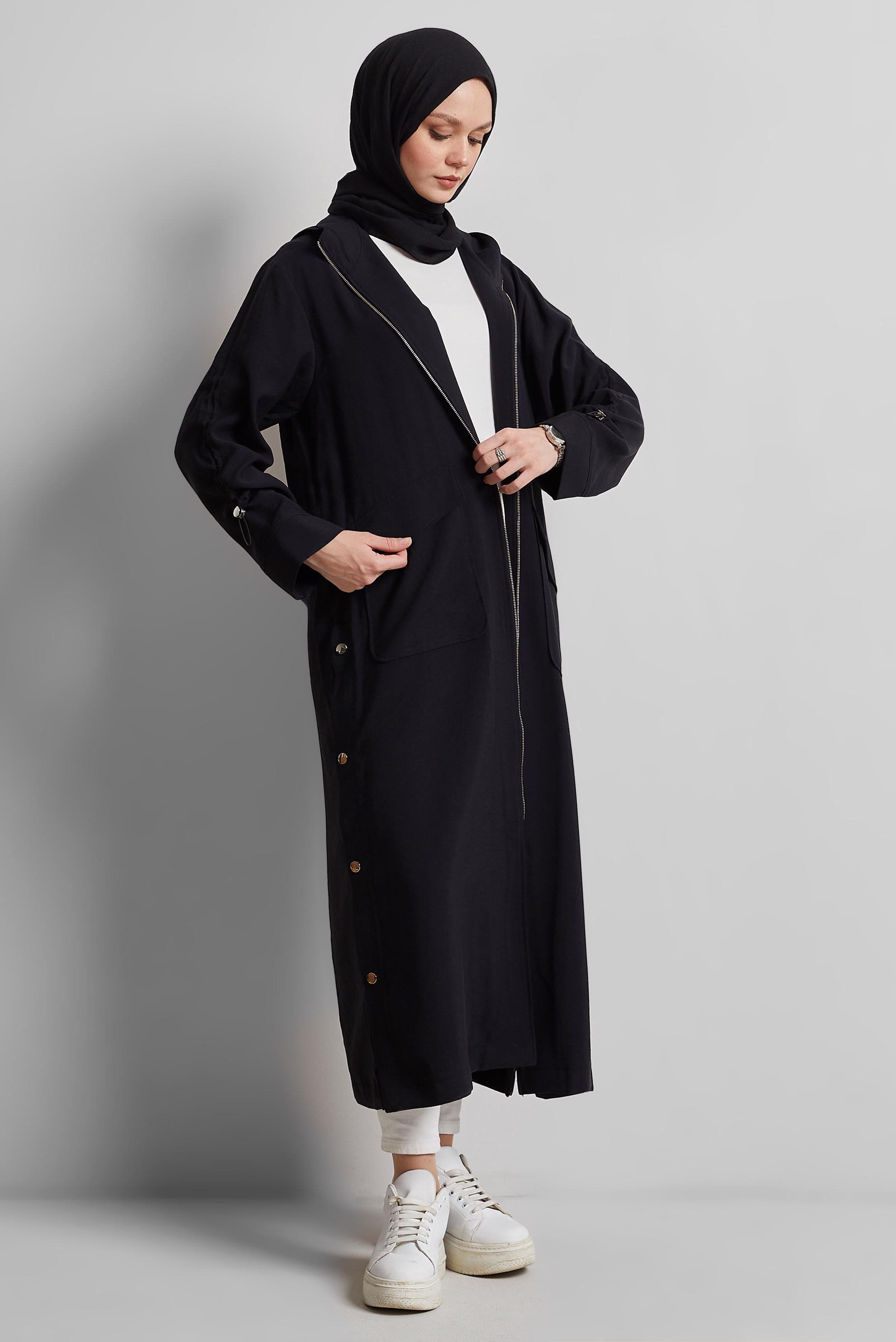 Hijab clothing BLACK HOODED TRENCH COAT 10961