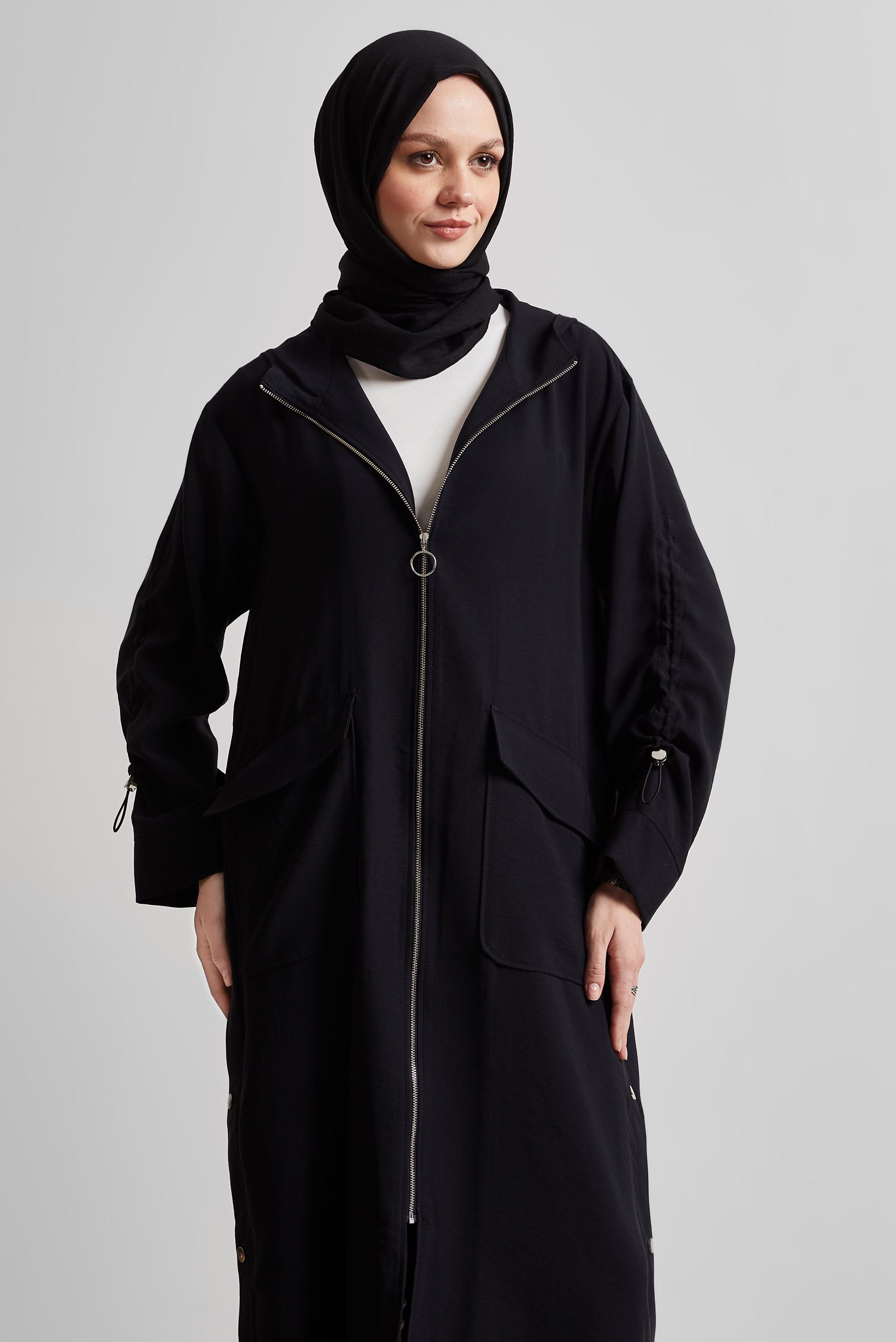 Hijab clothing BLACK HOODED TRENCH COAT 10961