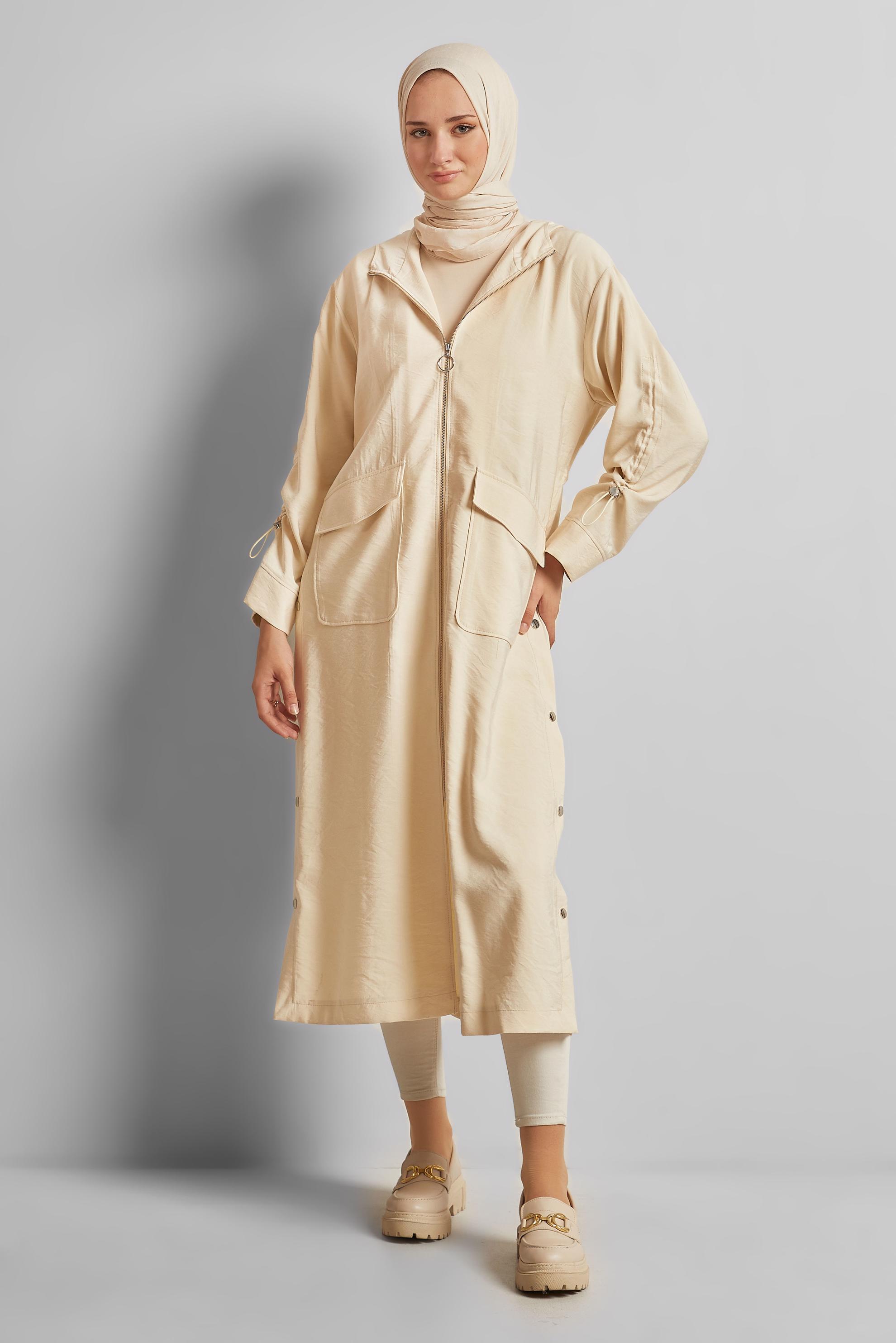 Tesettür giyim BEJ KAPÜŞONLU TRENÇKOT 10961