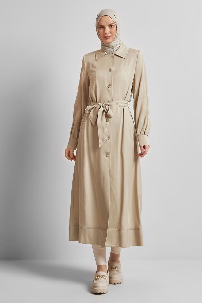 Vêtements hijab BEIGE TRENCH-COAT CEINTURÉ 10962 - ALVİNA
