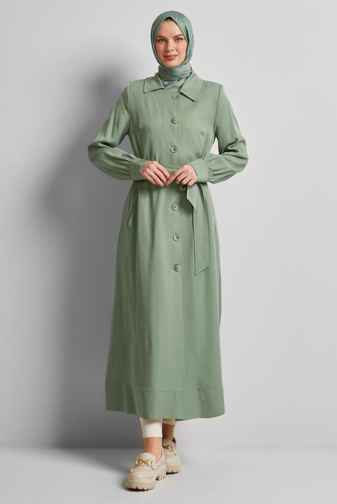Vêtements hijab VERT TRENCH-COAT CEINTURÉ 10962 - ALVİNA