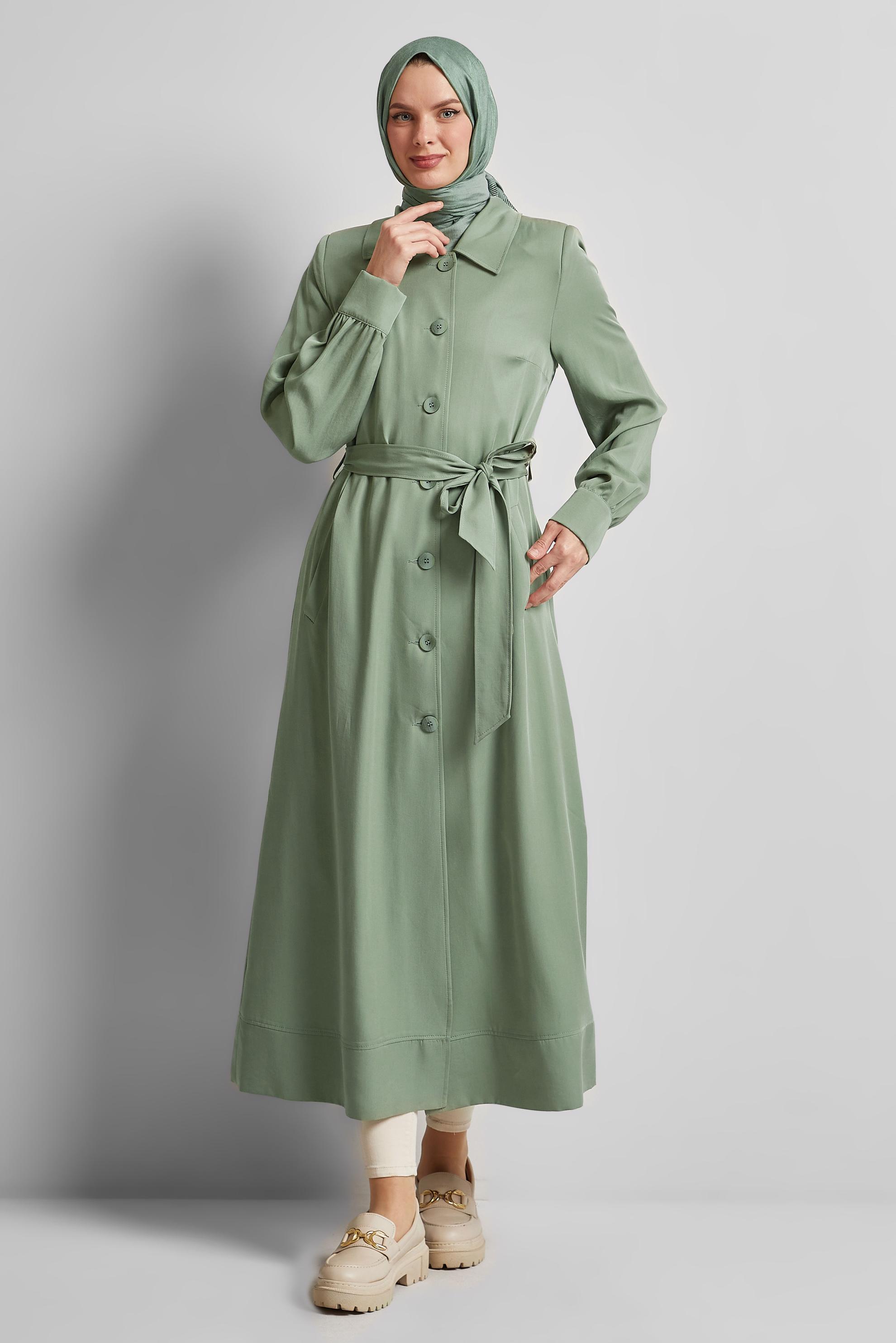 Vêtements hijab VERT TRENCH-COAT CEINTURÉ 10962