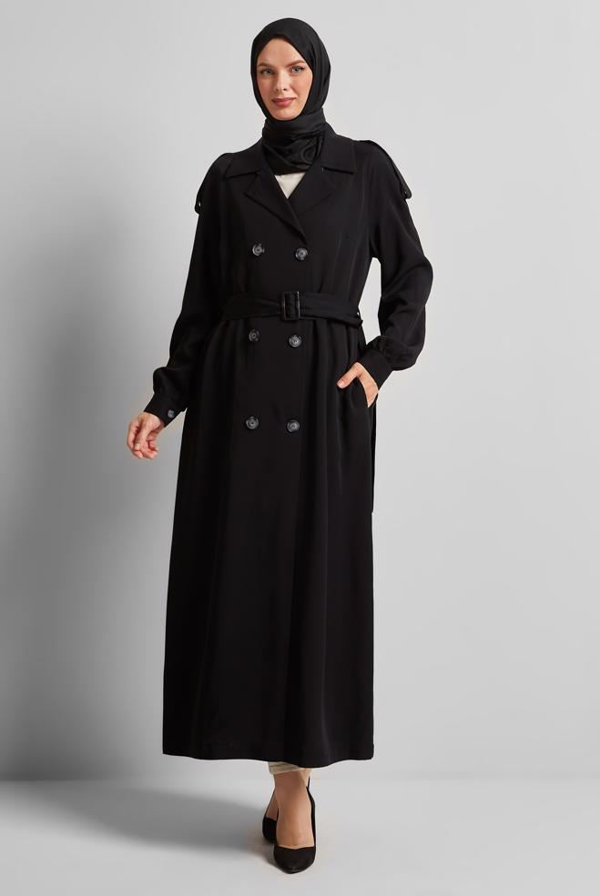 Vêtements hijab NOIR TRENCH-COAT CEINTURÉ 10964 - ALVİNA