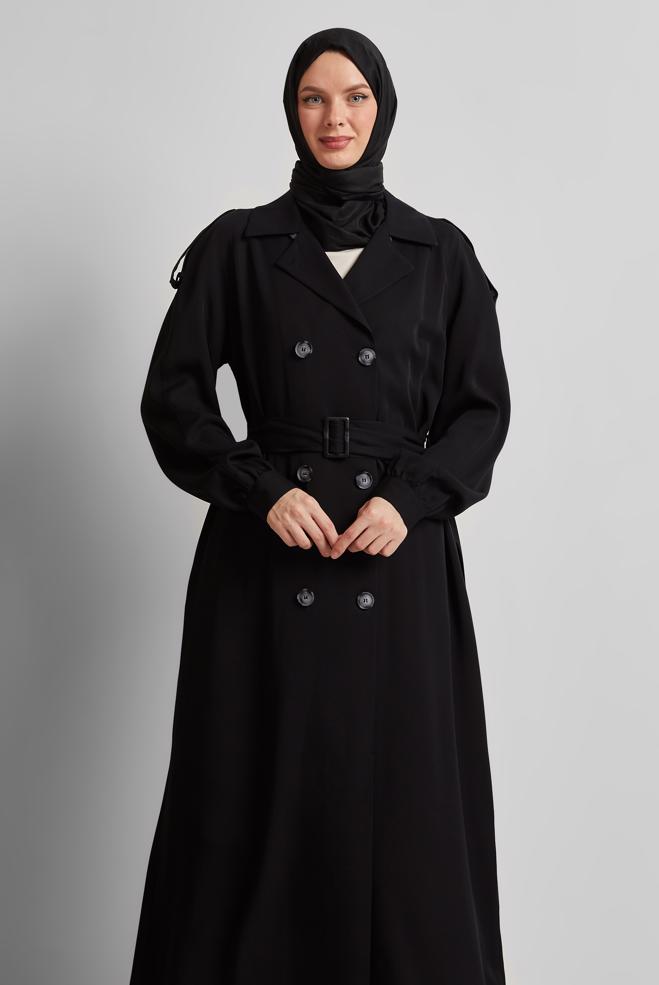 Vêtements hijab NOIR TRENCH-COAT CEINTURÉ 10964 - ALVİNA