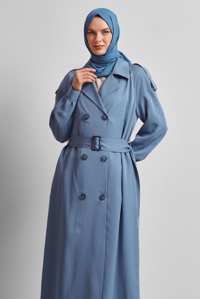 Vêtements hijab BLEU MARINE TRENCH-COAT CEINTURÉ 10964 - ALVİNA
