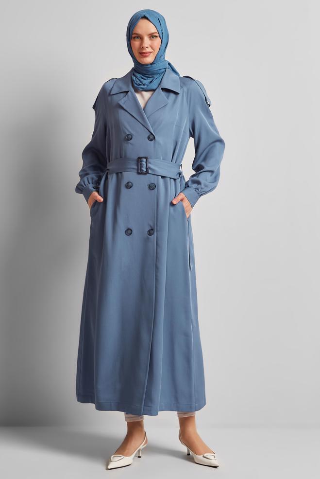 Vêtements hijab BLEU MARINE TRENCH-COAT CEINTURÉ 10964 - ALVİNA