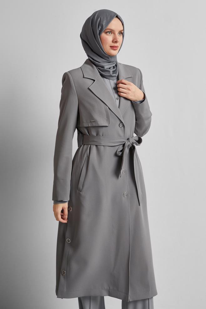 Vêtements hijab GRIS TRENCH CEINTURÉ 10965 - ALVİNA