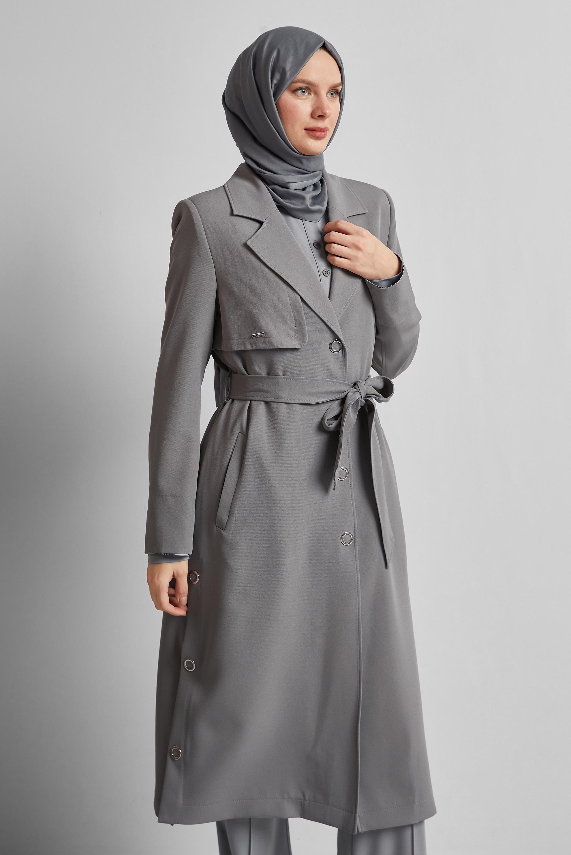 Tesettür giyim GRİ KUŞAKLI TRENÇKOT 10965