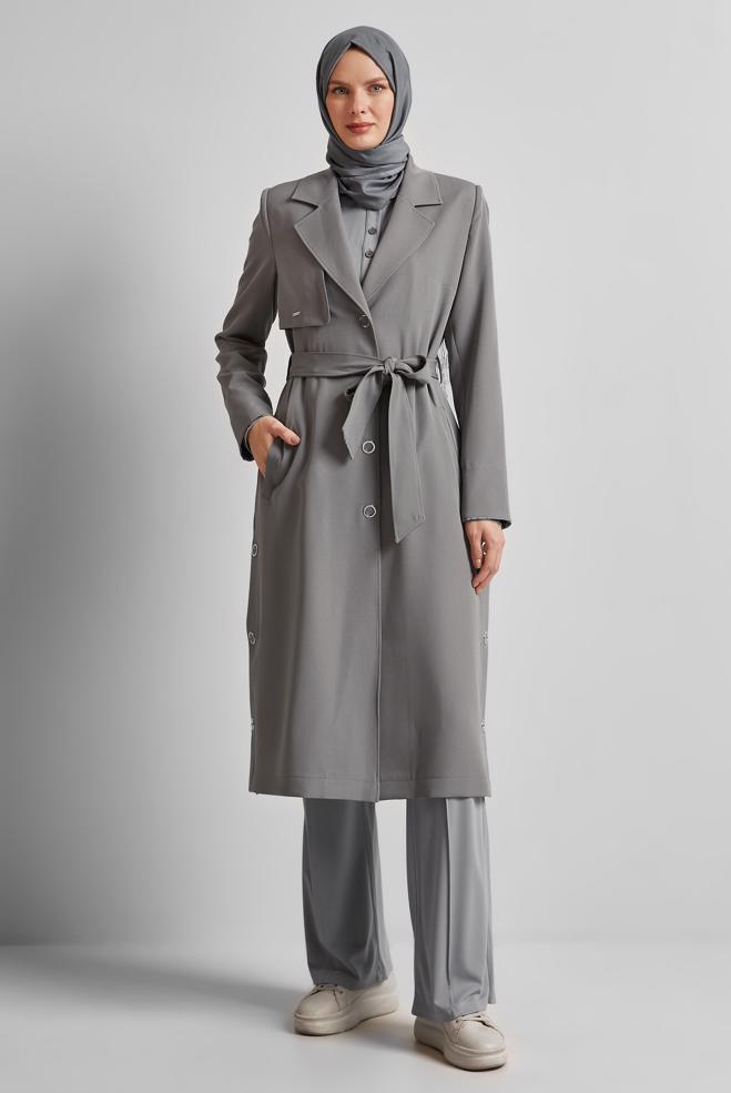 Vêtements hijab GRIS TRENCH CEINTURÉ 10965 - ALVİNA