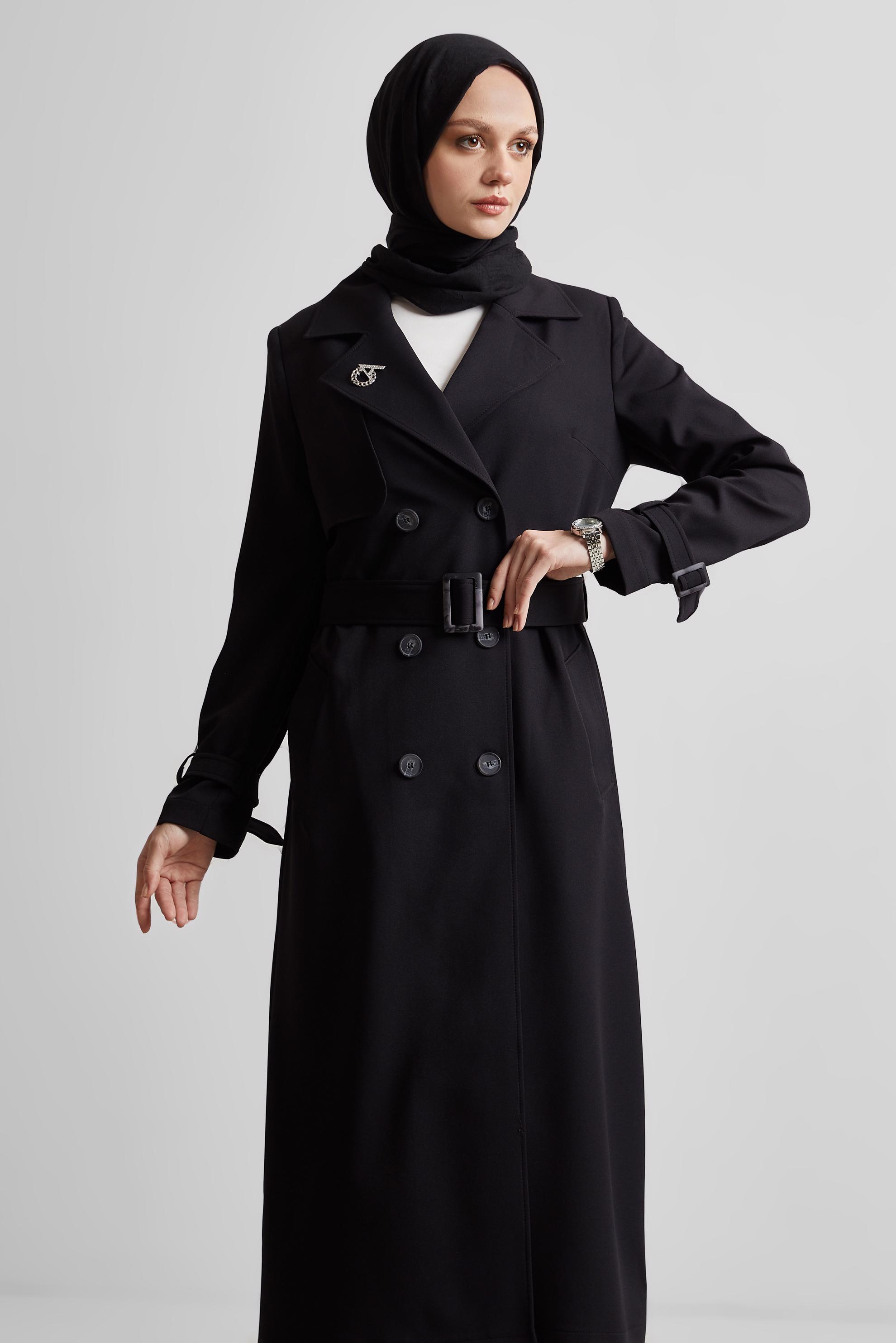 Hijab clothing BLACK BELTED TRENCH COAT 10966