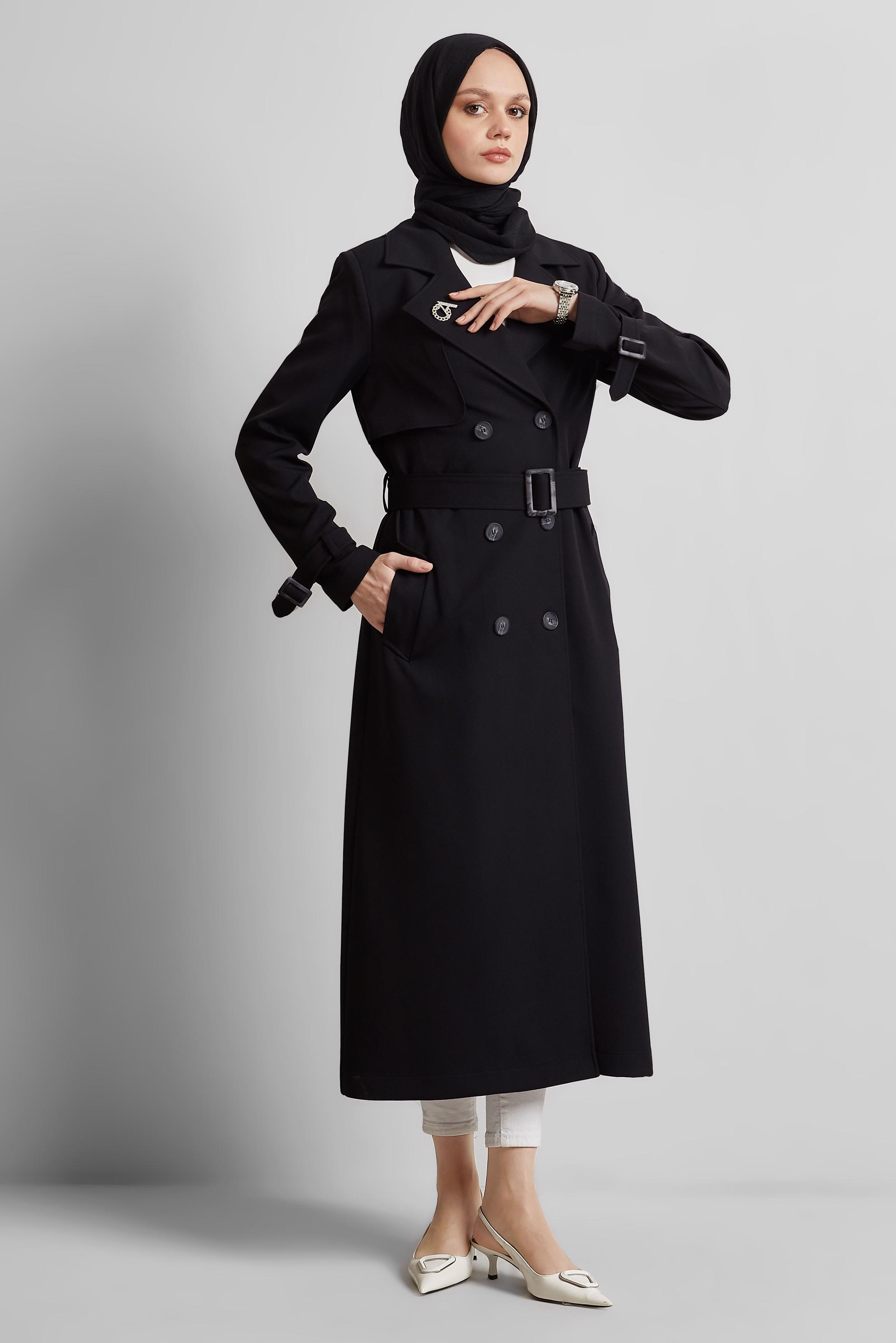 Hijab clothing BLACK BELTED TRENCH COAT 10966