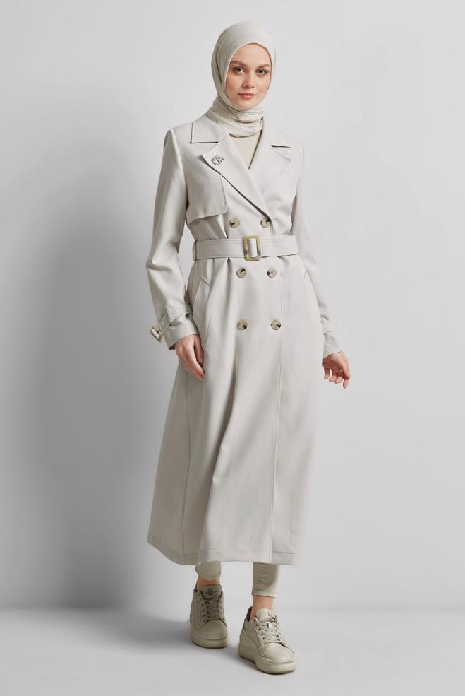 Vêtements hijab BEIGE TRENCH-COAT CEINTURÉ 10966 - ALVİNA