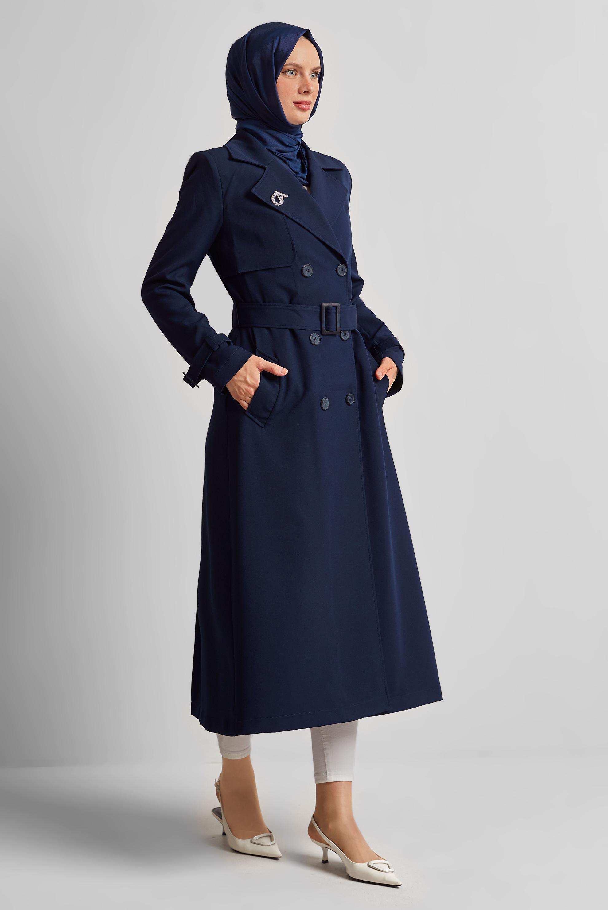 Tesettür giyim LACİVERT KEMERLİ TRENÇKOT 10966