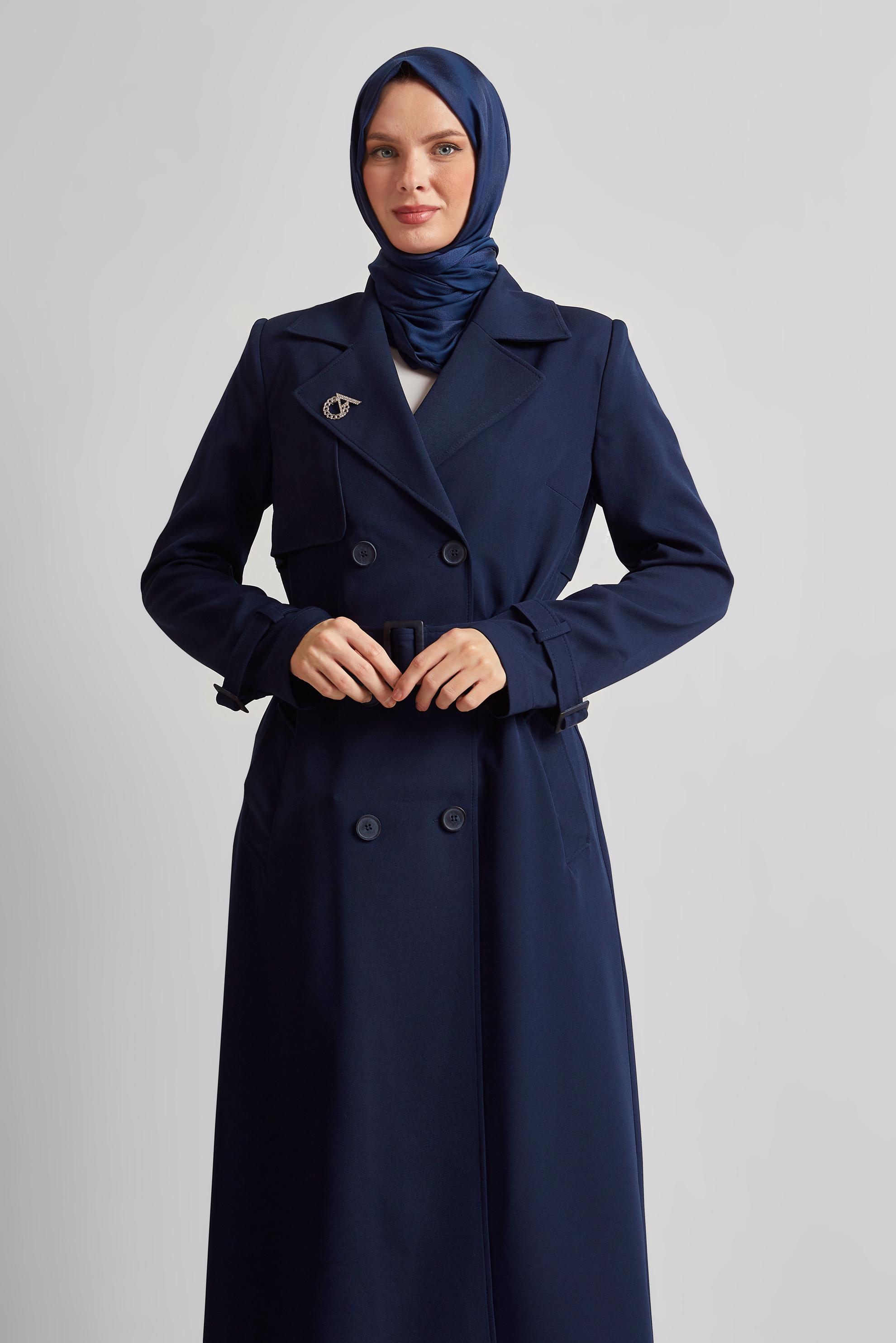 Tesettür giyim LACİVERT KEMERLİ TRENÇKOT 10966