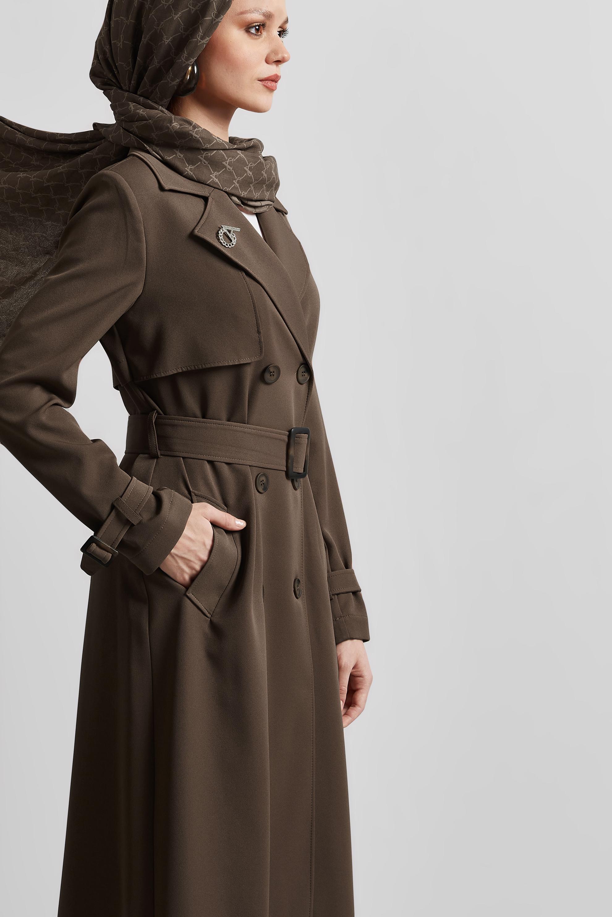 Tesettür giyim VİZON KEMERLİ TRENÇKOT 10966