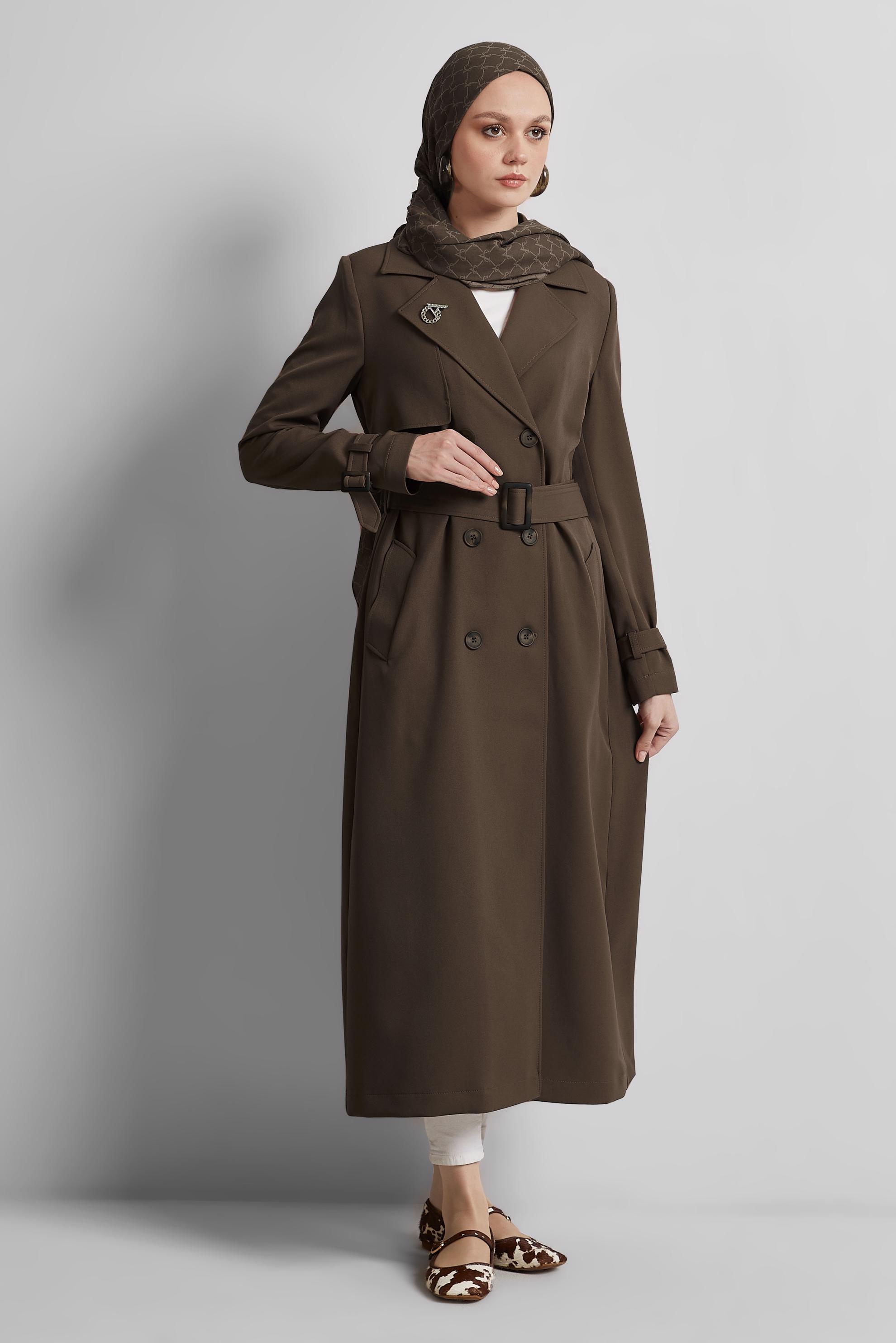 Tesettür giyim VİZON KEMERLİ TRENÇKOT 10966