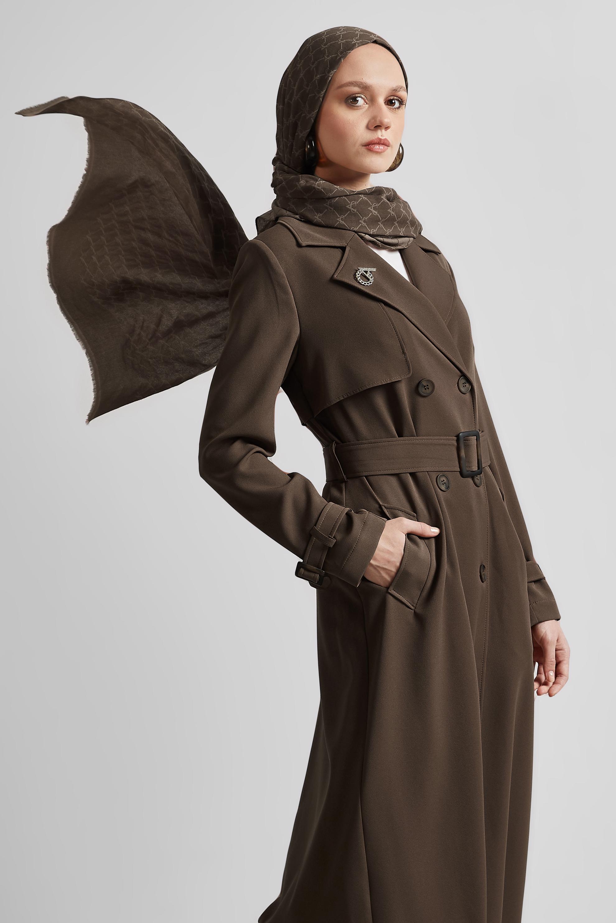 Tesettür giyim VİZON KEMERLİ TRENÇKOT 10966