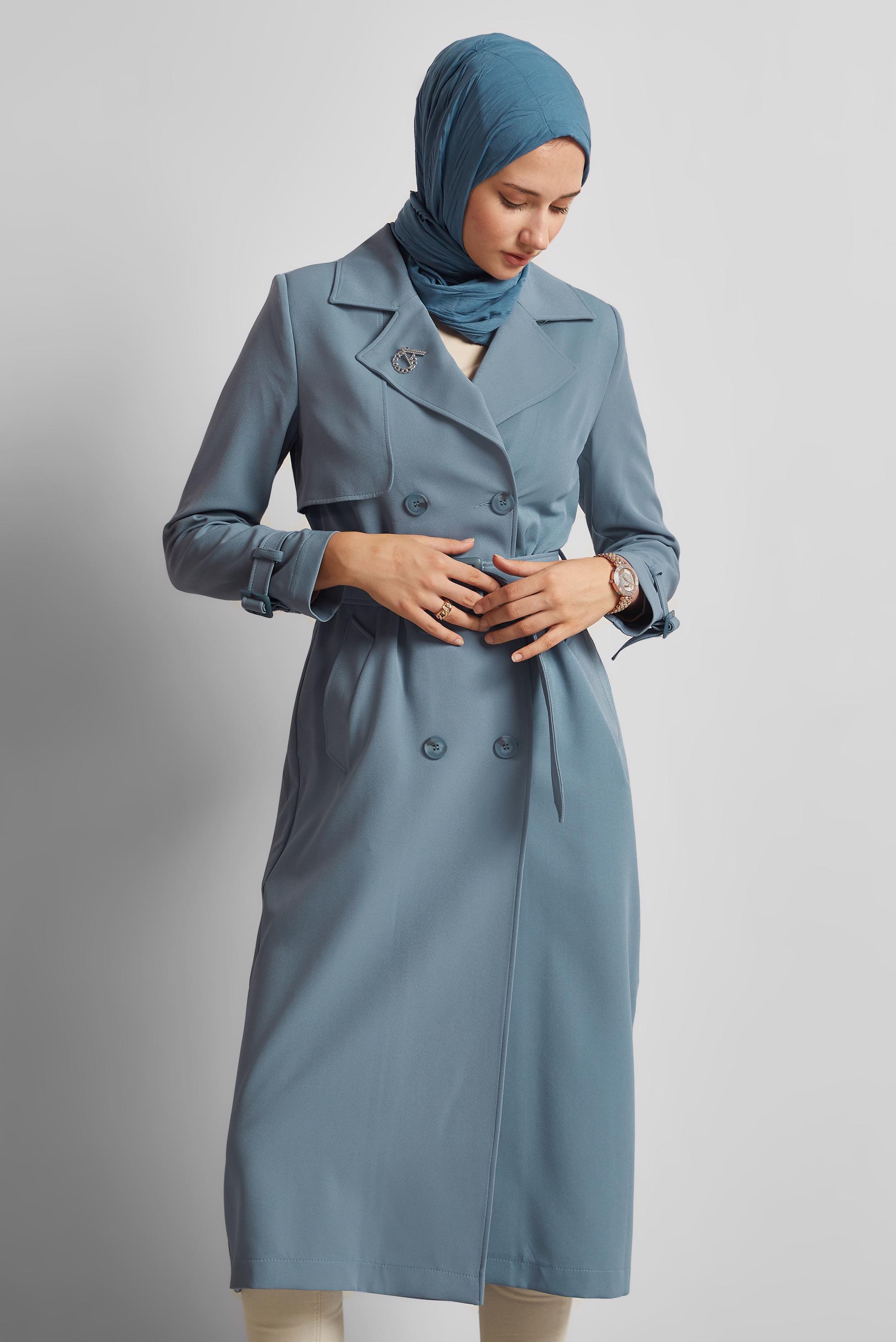 Tesettür giyim MAVİ KEMERLİ TRENÇKOT 10966